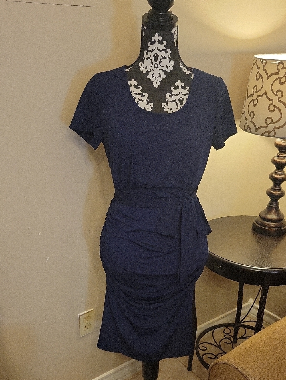 Maternity Navy Short-Sleeve Tie-Waist Midi Dress